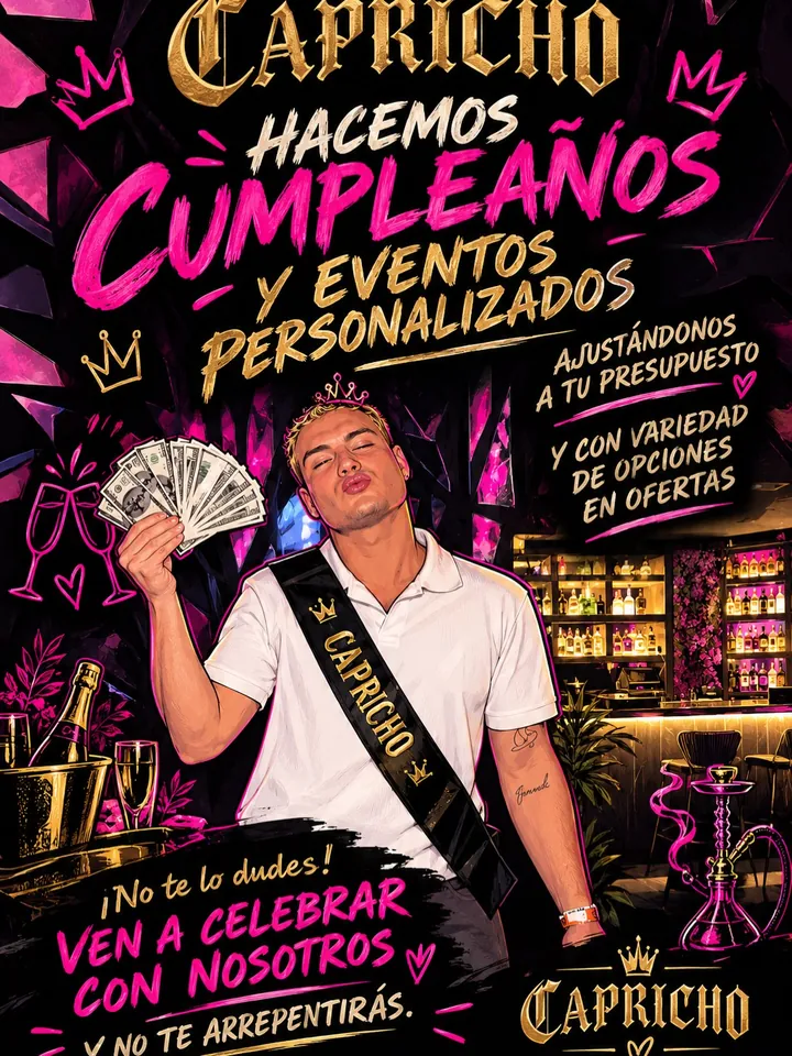 Cartel de Capricho: hacemos cumpleaños y eventos personalizados, ajustándonos a tu presupuesto y con variedad de opciones en ofertas