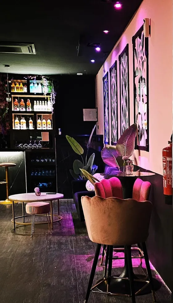 Rincón de Capricho con una silla rosa, una mesa baja y la barra con botellas al fondo