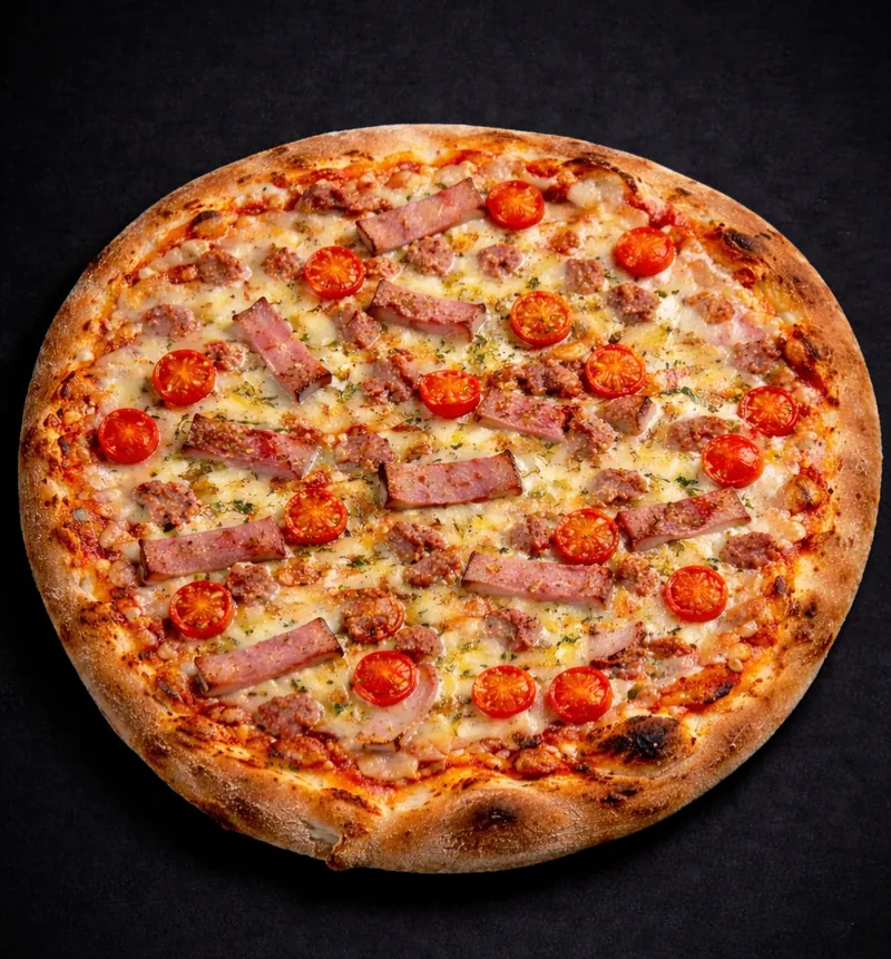 Pizza Della Mía Mamma con bacon, ternera y tomate cherry