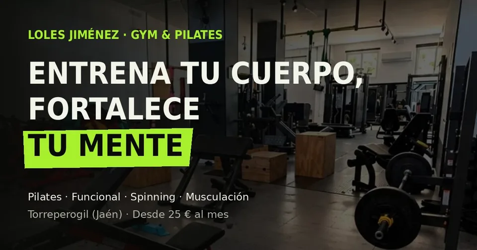 Portada de la web de Loles Jiménez GYM & PILATES: titular en blanco y verde neón sobre una foto del gimnasio