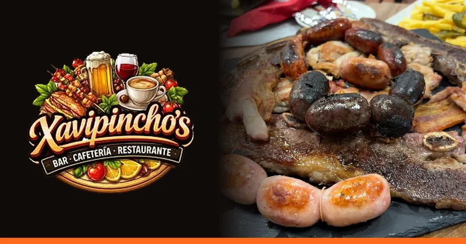 Portada de la web de Xavi Pinchos: logo del bar junto a una parrillada de carne