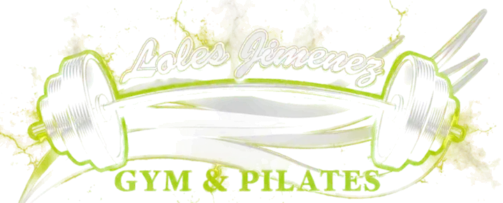 Logotipo de Loles Jiménez GYM & PILATES: una barra con discos, rayos y el nombre del gimnasio